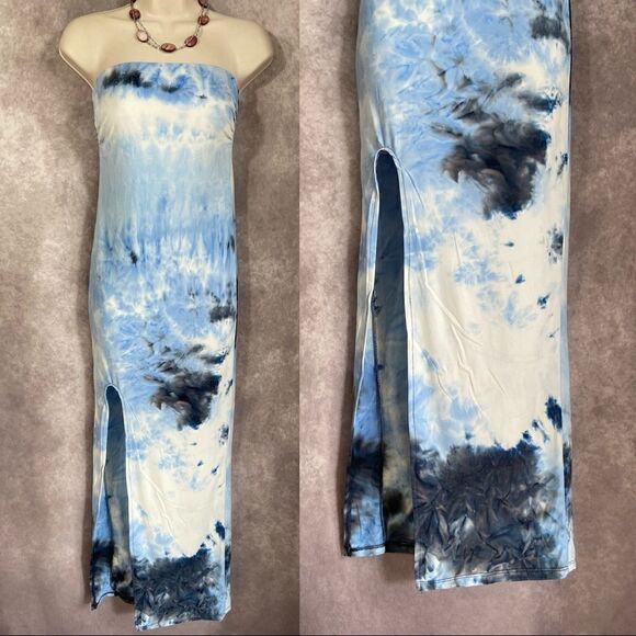 Only 1 Large Left! Blue Tie Dye Strapless Maxi Dress - Picture 3 of 9